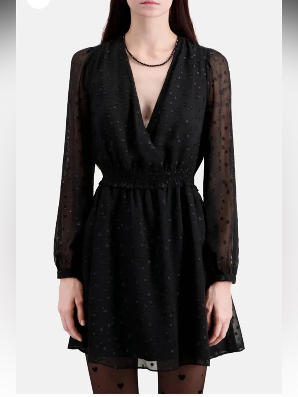 The Kooples Black Sheer Dot-Texture Long-Sleeve Mini Dress